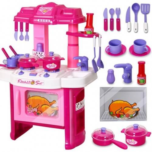 Детска кухня за момиче с батерии, розов цвят